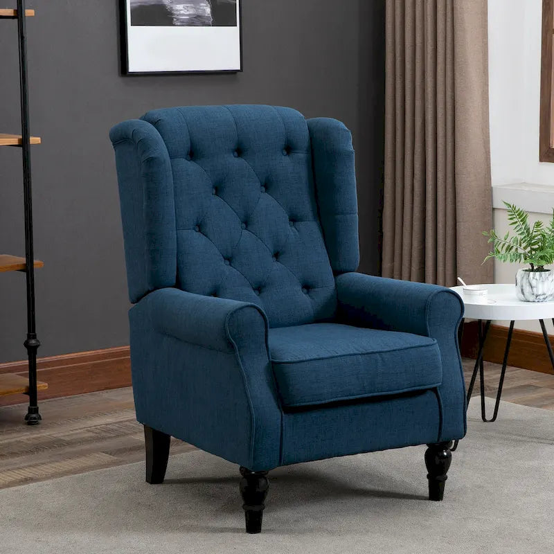 Blue Wingback Button-Tufted Fabric Accent Chair with Rolled Arms