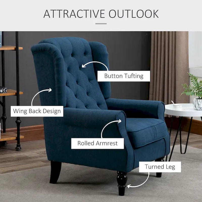 Blue Wingback Button-Tufted Fabric Accent Chair with Rolled Arms