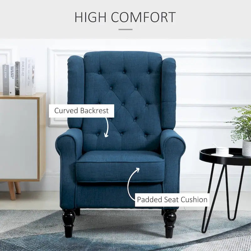 Blue Wingback Button-Tufted Fabric Accent Chair with Rolled Arms