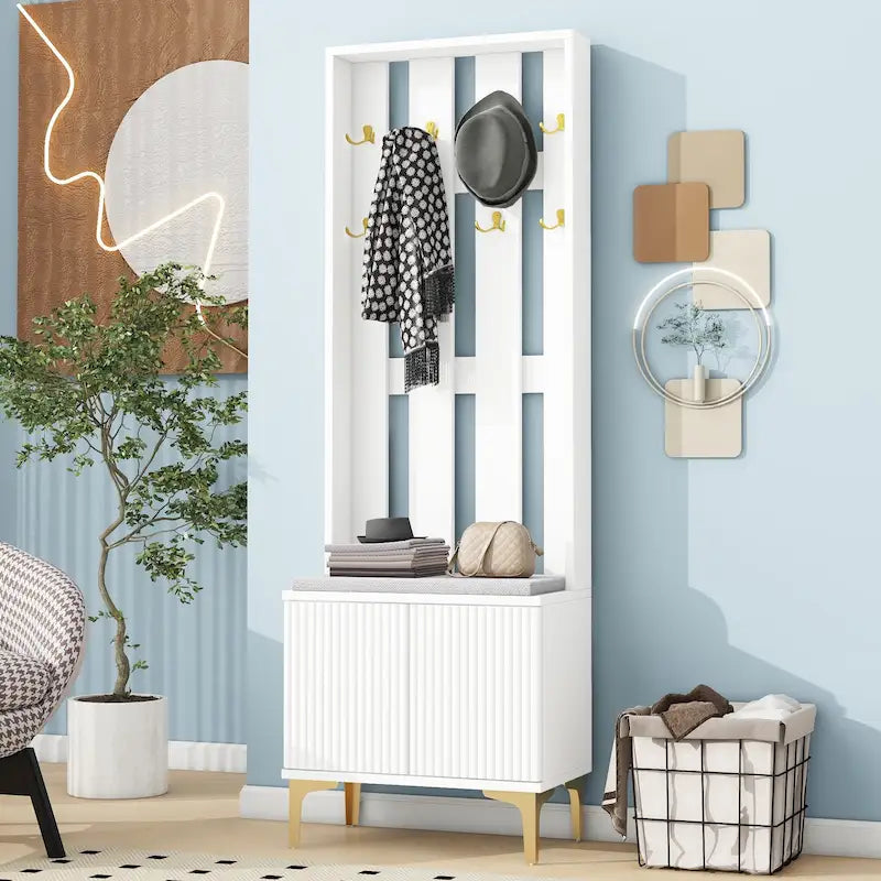Entryway Hall Tree with Cushioned Bench, Gold Hooks, Fluted Cabinet Doors, Grey