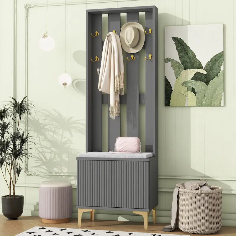 Entryway Hall Tree with Cushioned Bench, Gold Hooks, Fluted Cabinet Doors, Grey