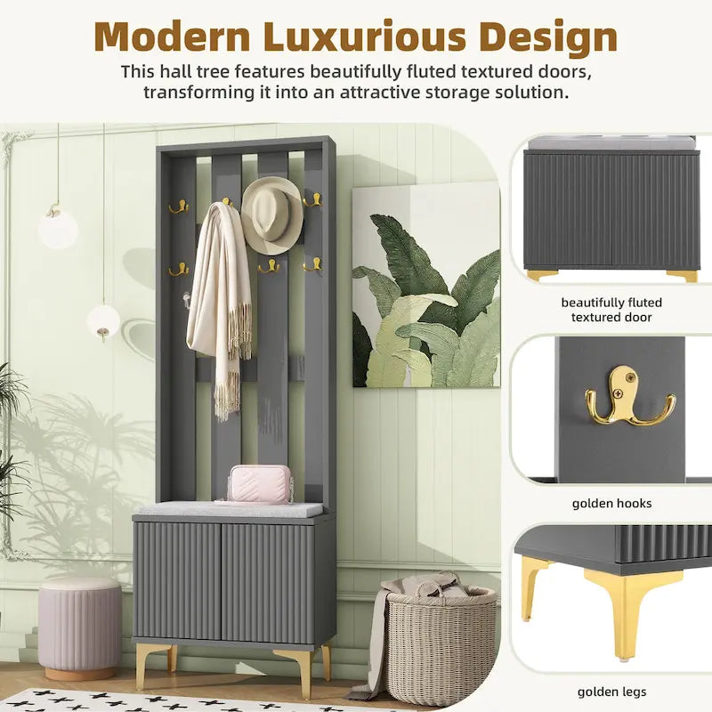 Entryway Hall Tree with Cushioned Bench, Gold Hooks, Fluted Cabinet Doors, Grey