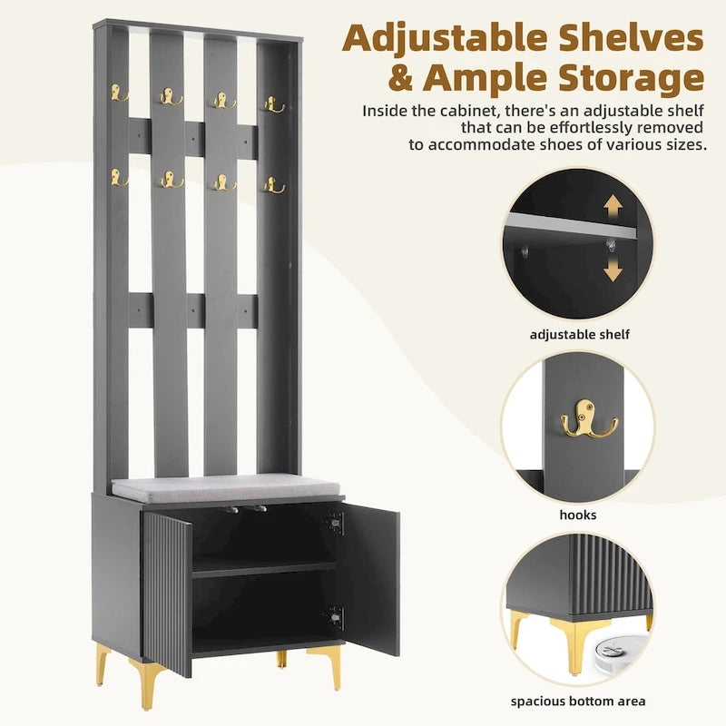 Entryway Hall Tree with Cushioned Bench, Gold Hooks, Fluted Cabinet Doors, Grey