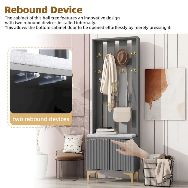 Entryway Hall Tree with Cushioned Bench, Gold Hooks, Fluted Cabinet Doors, Grey