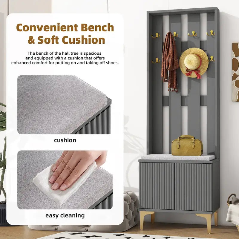 Entryway Hall Tree with Cushioned Bench, Gold Hooks, Fluted Cabinet Doors, Grey