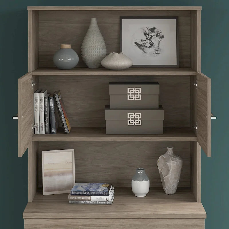 36W Bookcase Hutch with Open Shelves and Cabinet Storage Oak Finish