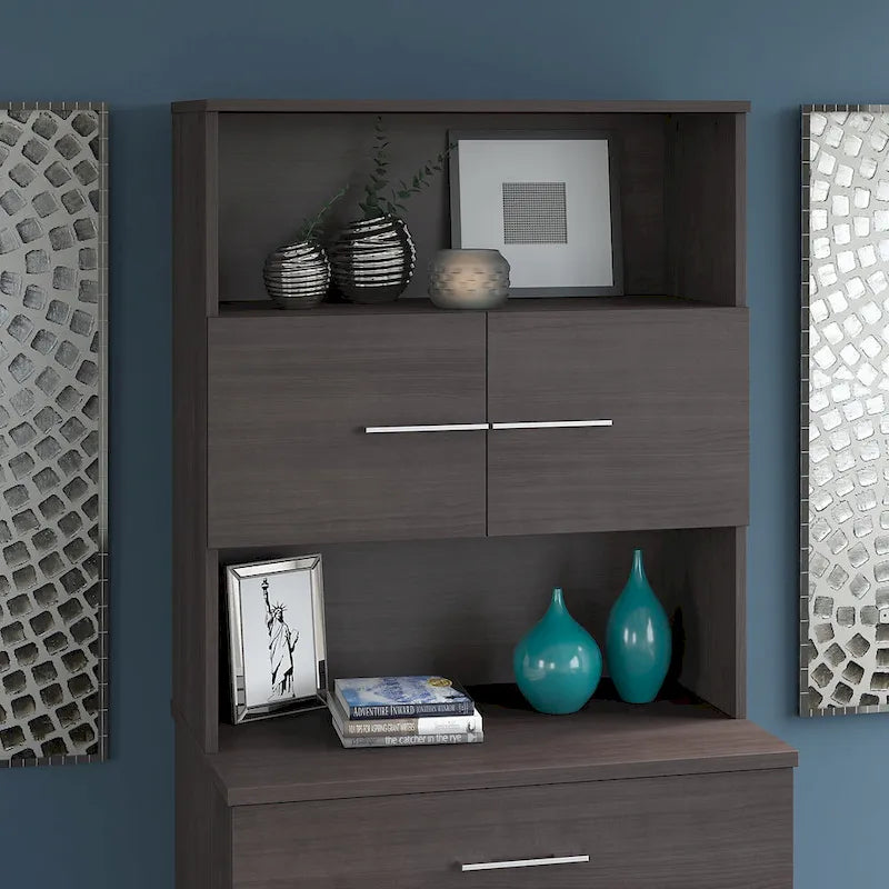 36W Bookcase Hutch with Open Shelves and Cabinet Storage Oak Finish