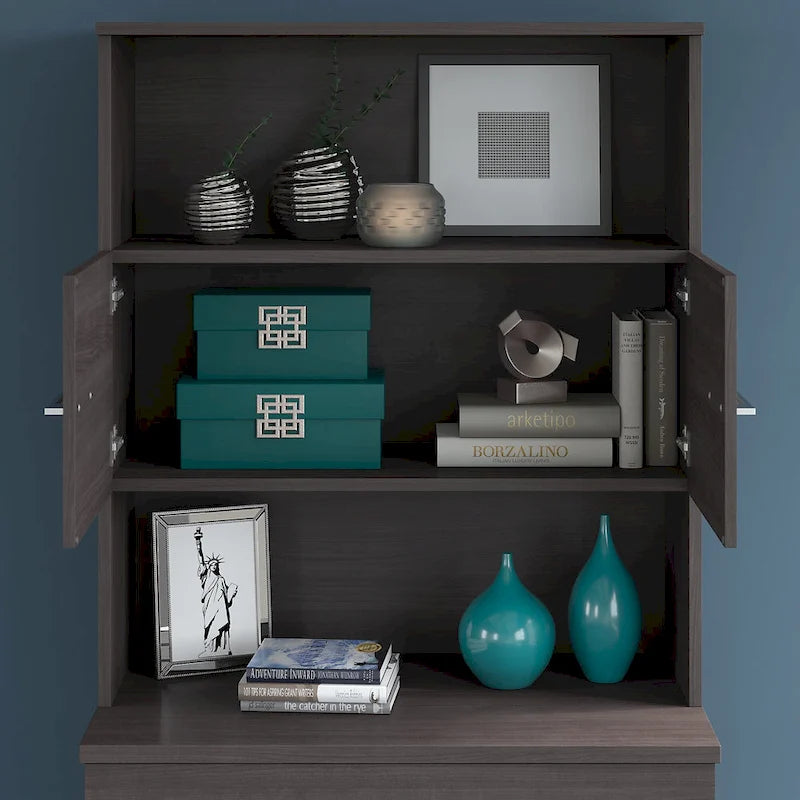 36W Bookcase Hutch with Open Shelves and Cabinet Storage Oak Finish