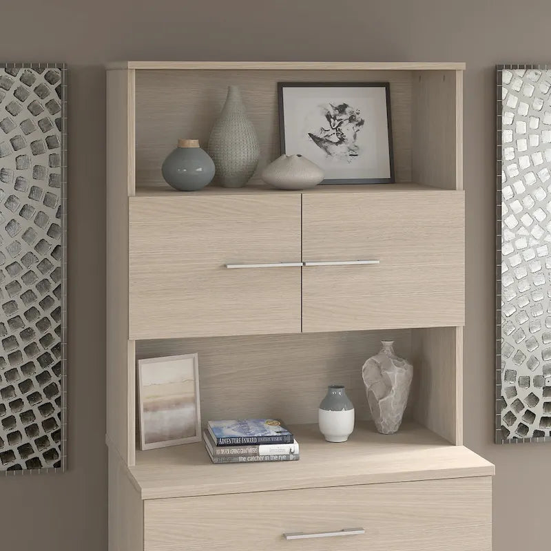 36W Bookcase Hutch with Open Shelves and Cabinet Storage Oak Finish