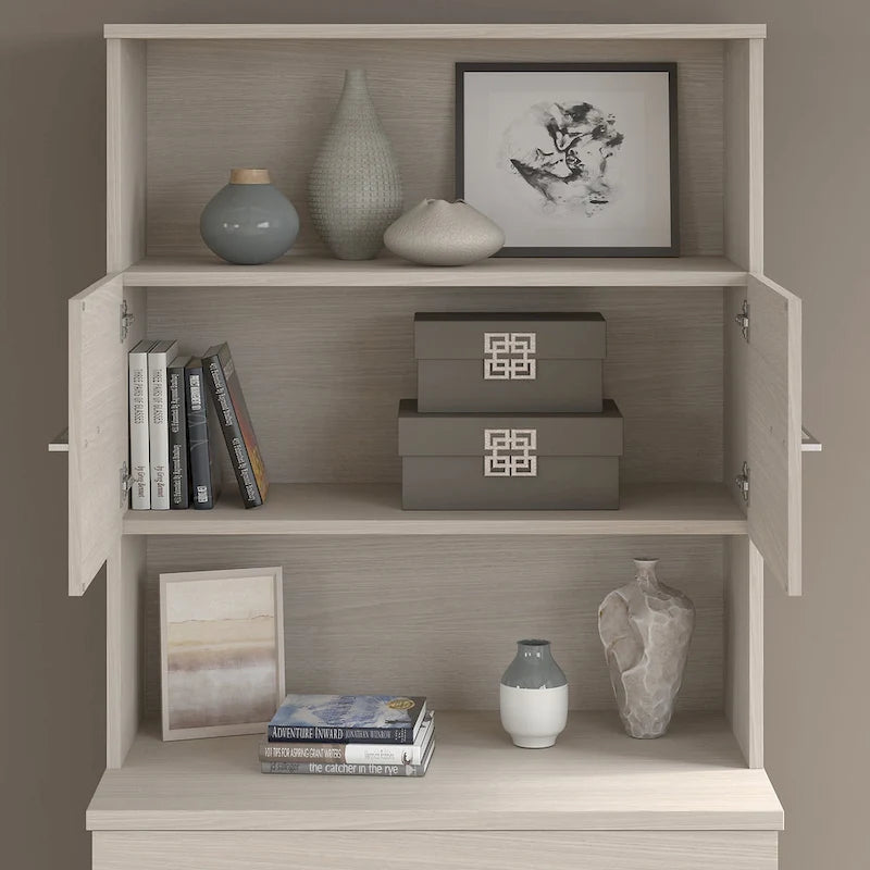 36W Bookcase Hutch with Open Shelves and Cabinet Storage Oak Finish
