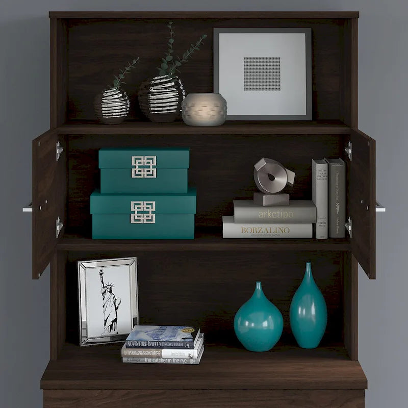 36W Bookcase Hutch with Open Shelves and Cabinet Storage Oak Finish