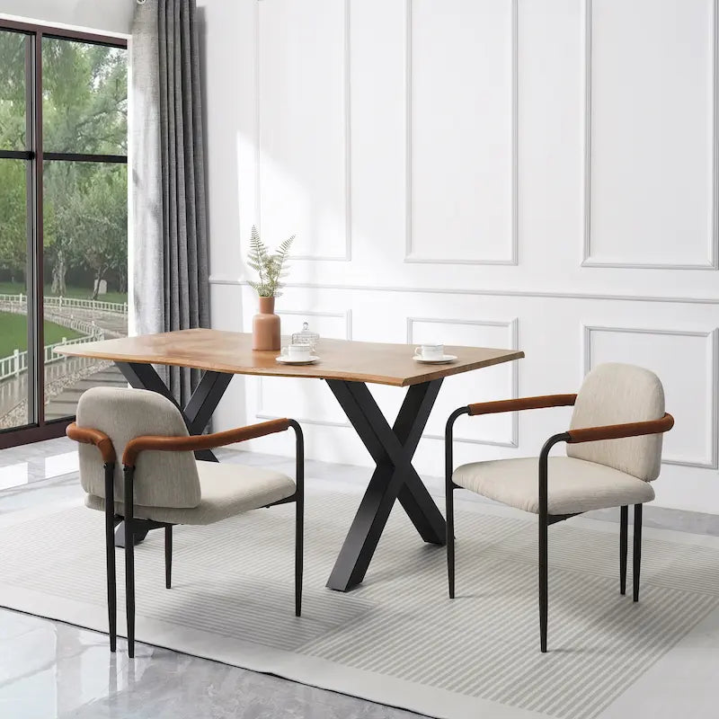 Upholstered Dining Chair with Iron Frame Espresso Beige Fabric Cushioned Seat
