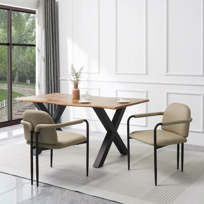 Upholstered Dining Chair with Iron Frame Espresso Beige Fabric Cushioned Seat