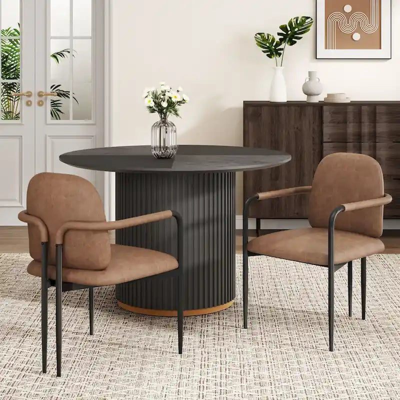 Upholstered Dining Chair with Iron Frame Espresso Beige Fabric Cushioned Seat
