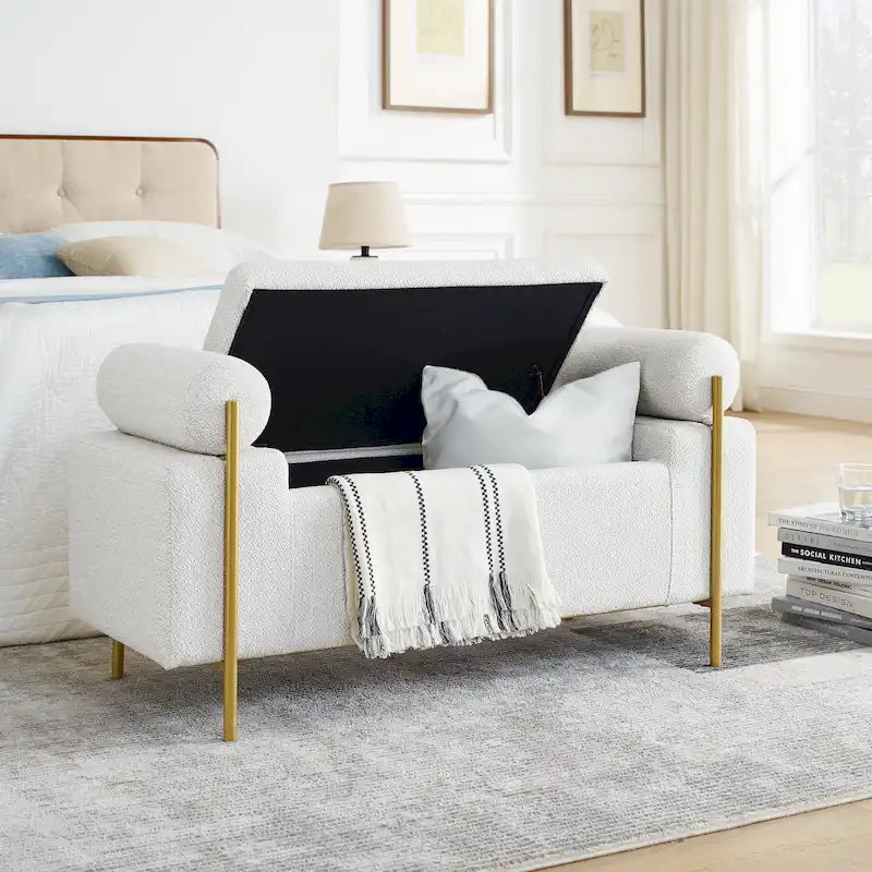 Linen Upholstered Storage Bench with Cylindrical Arms and Gold Legs - Green White Beige