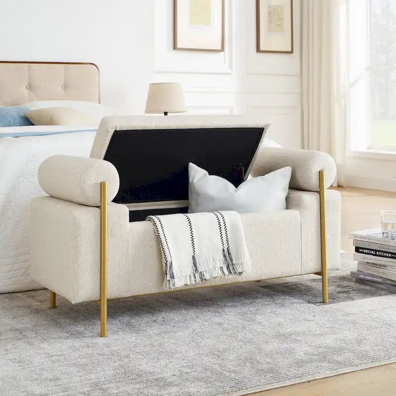 Linen Upholstered Storage Bench with Cylindrical Arms and Gold Legs - Green White Beige