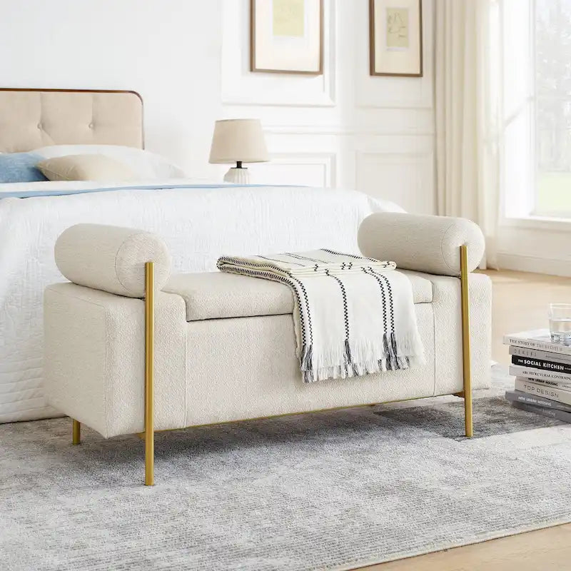 Linen Upholstered Storage Bench with Cylindrical Arms and Gold Legs - Green White Beige