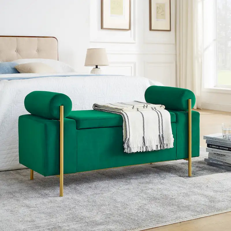 Linen Upholstered Storage Bench with Cylindrical Arms and Gold Legs - Green White Beige