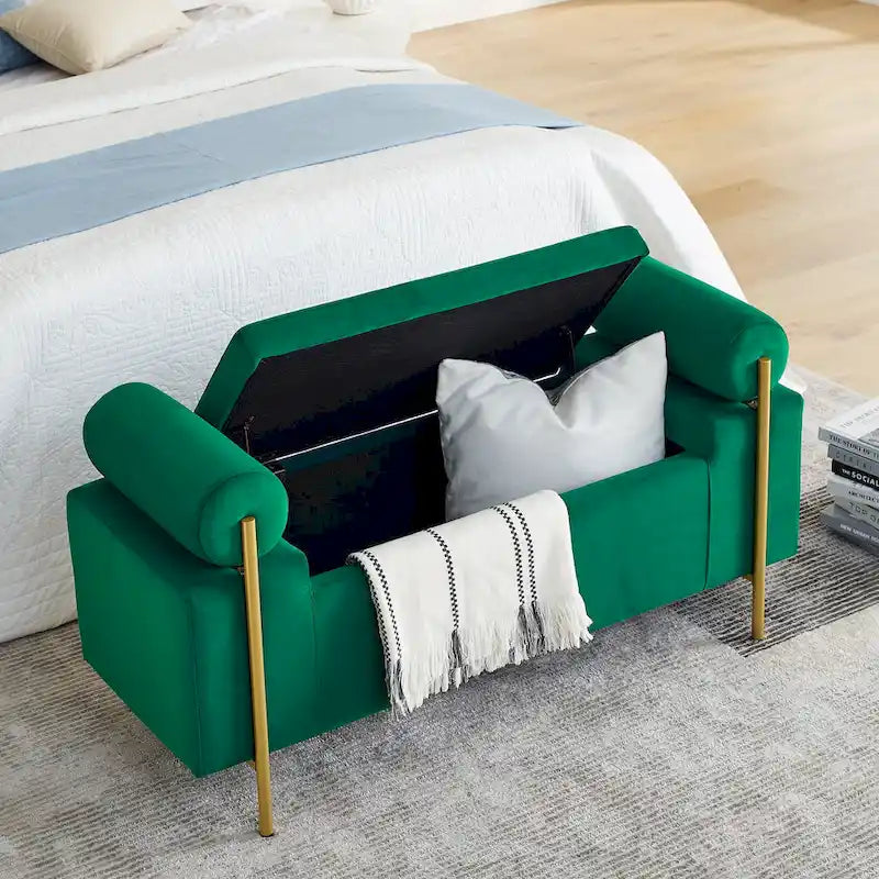 Linen Upholstered Storage Bench with Cylindrical Arms and Gold Legs - Green White Beige