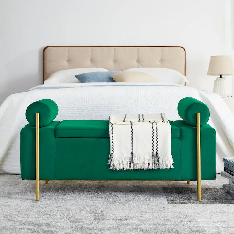 Linen Upholstered Storage Bench with Cylindrical Arms and Gold Legs - Green White Beige