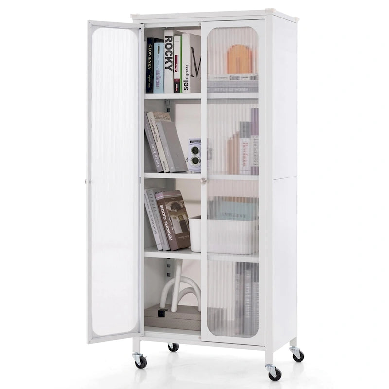 Metal Storage Cabinet with Wheels Translucent Doors Adjustable Shelves White