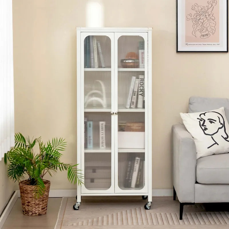 Metal Storage Cabinet with Wheels Translucent Doors Adjustable Shelves White