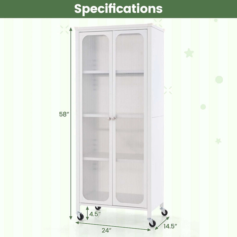 Metal Storage Cabinet with Wheels Translucent Doors Adjustable Shelves White