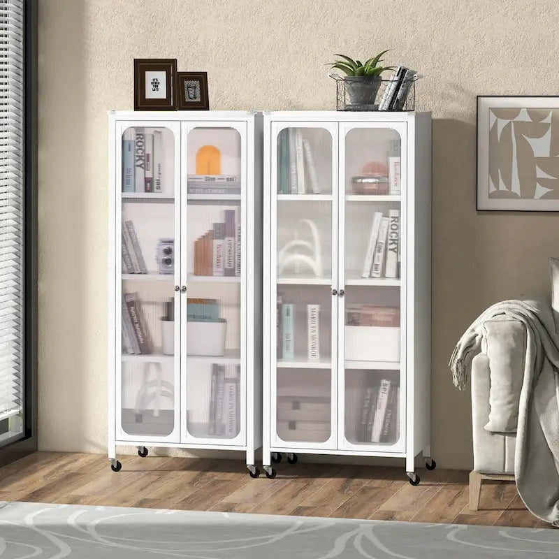 Metal Storage Cabinet with Wheels Translucent Doors Adjustable Shelves White