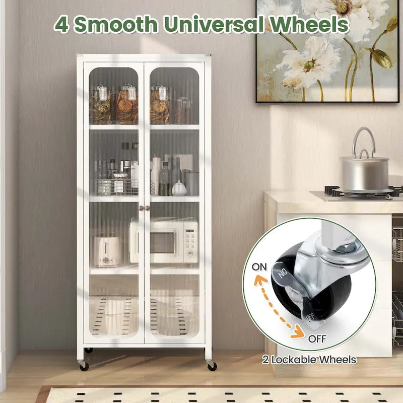 Metal Storage Cabinet with Wheels Translucent Doors Adjustable Shelves White