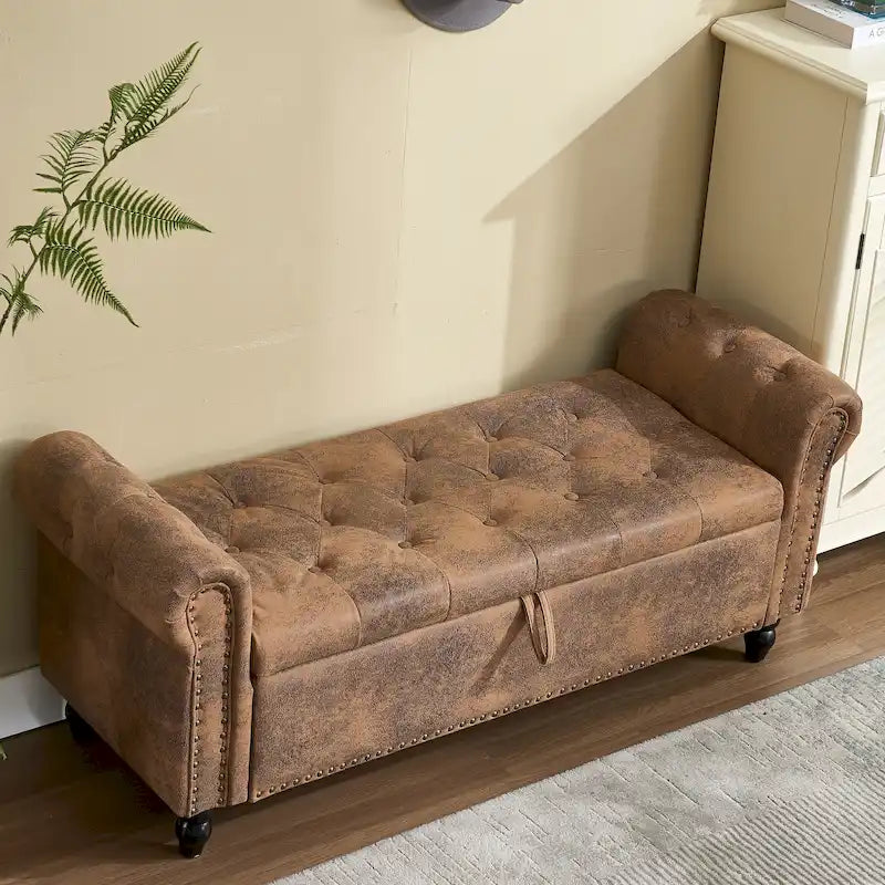 Button-Tufted PU Leather Storage Ottoman Bench with Rolled Arms