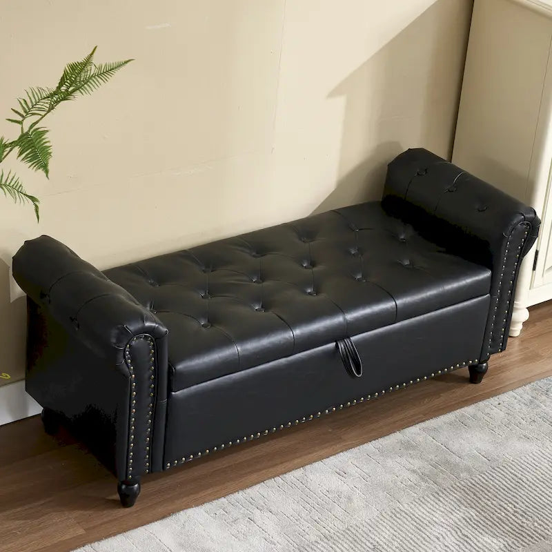 Button-Tufted PU Leather Storage Ottoman Bench with Rolled Arms