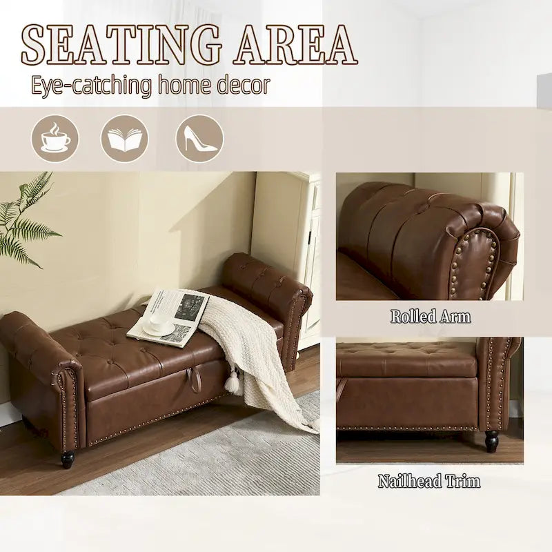 Button-Tufted PU Leather Storage Ottoman Bench with Rolled Arms