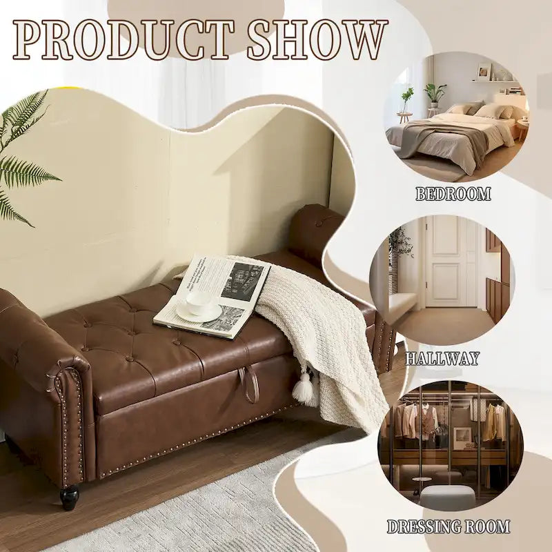 Button-Tufted PU Leather Storage Ottoman Bench with Rolled Arms