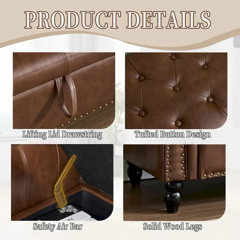 Button-Tufted PU Leather Storage Ottoman Bench with Rolled Arms