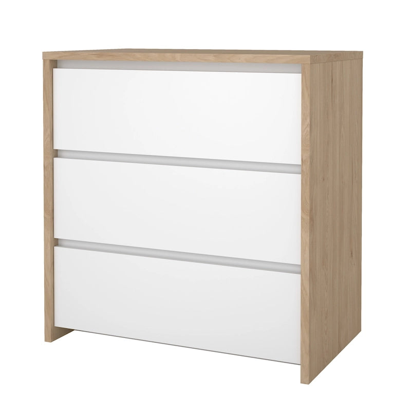 Modern 3-Drawer Wood Dresser with White Drawer Fronts and Metal Glides