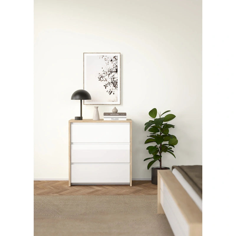 Modern 3-Drawer Wood Dresser with White Drawer Fronts and Metal Glides