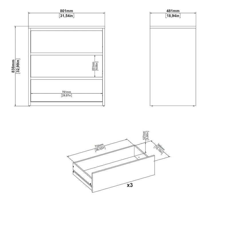 Modern 3-Drawer Wood Dresser with White Drawer Fronts and Metal Glides