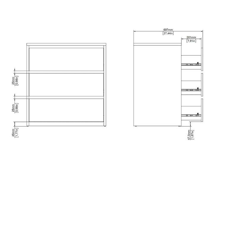 Modern 3-Drawer Wood Dresser with White Drawer Fronts and Metal Glides