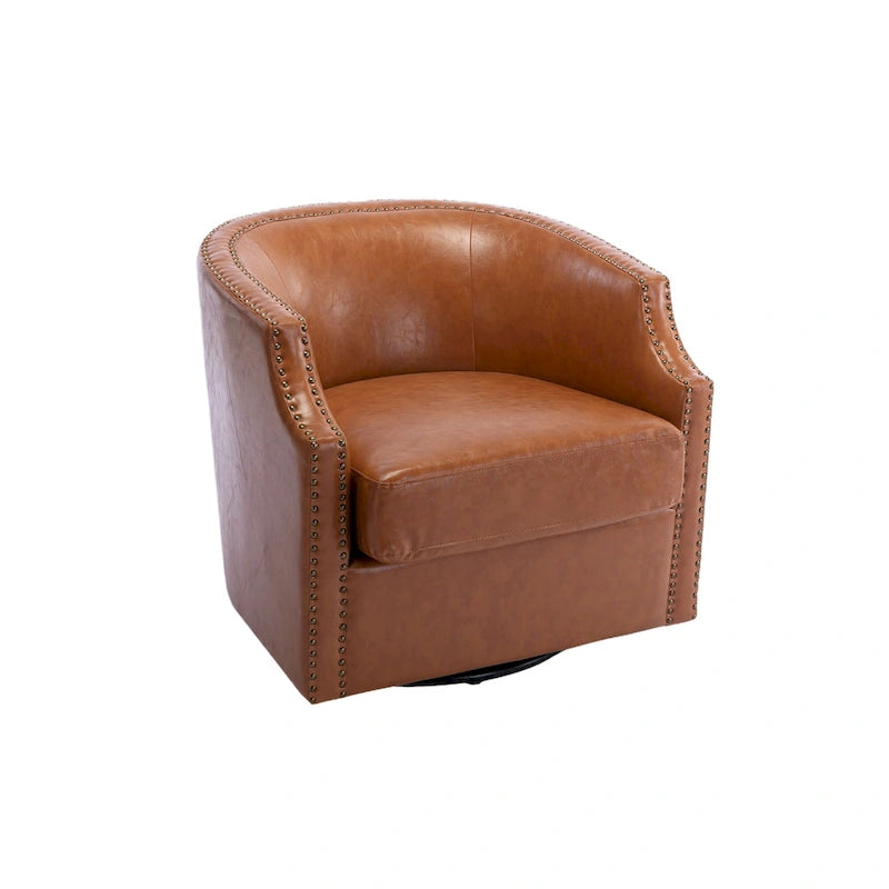 Light Brown PU Leather Swivel Barrel Accent Chair with Nailhead Trim
