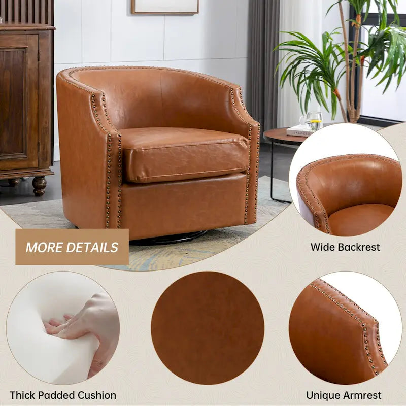 Light Brown PU Leather Swivel Barrel Accent Chair with Nailhead Trim