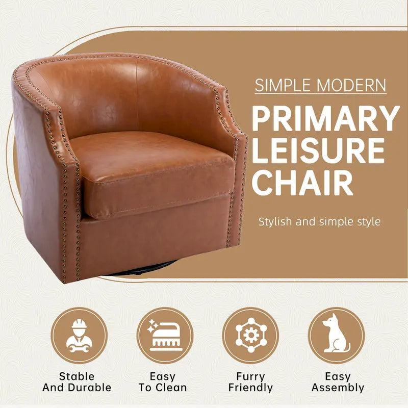 Light Brown PU Leather Swivel Barrel Accent Chair with Nailhead Trim