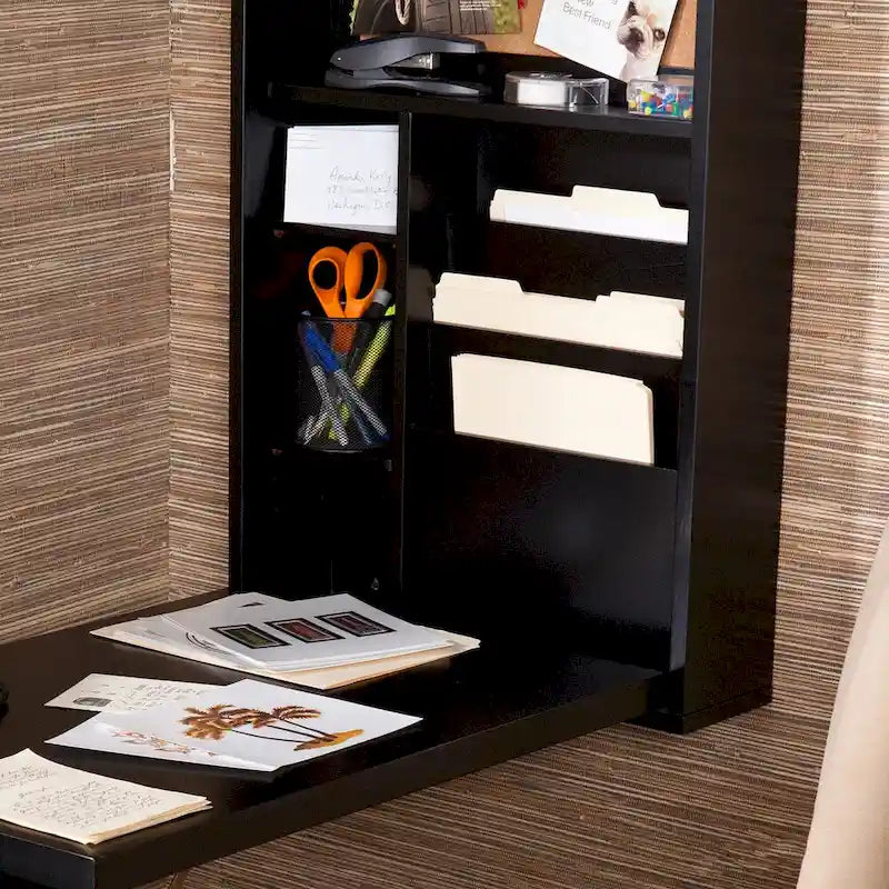 Black Fold-Out Wall-Mounted Convertible Home Office Corner Desk with Shelves