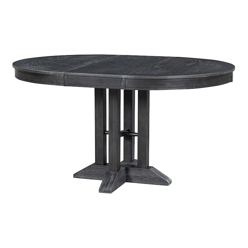 Farmhouse Round Extendable Dining Table with Oak Veneer Top, Black & Brown