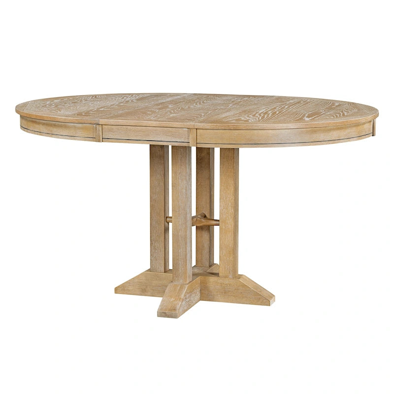 Farmhouse Round Extendable Dining Table with Oak Veneer Top, Black & Brown