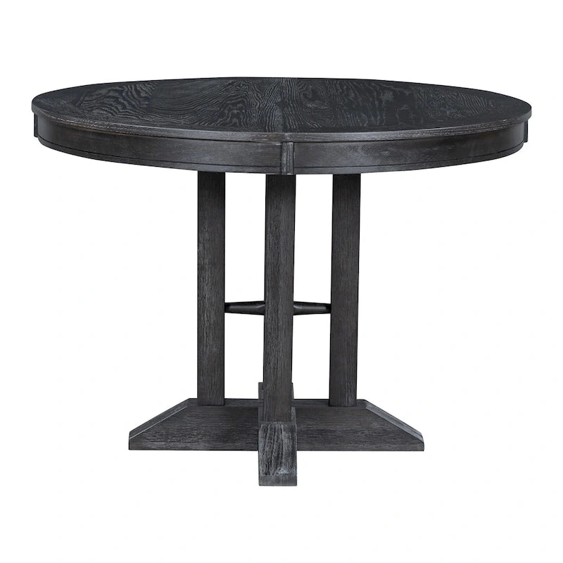 Farmhouse Round Extendable Dining Table with Oak Veneer Top, Black & Brown