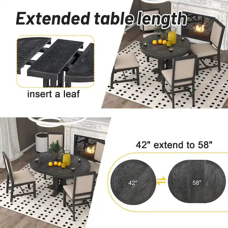 Farmhouse Round Extendable Dining Table with Oak Veneer Top, Black & Brown