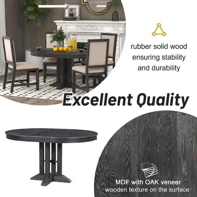 Farmhouse Round Extendable Dining Table with Oak Veneer Top, Black & Brown
