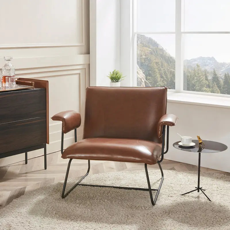 PU Leather Lounge Accent Arm Chair with Metal Frame, Black and Brown