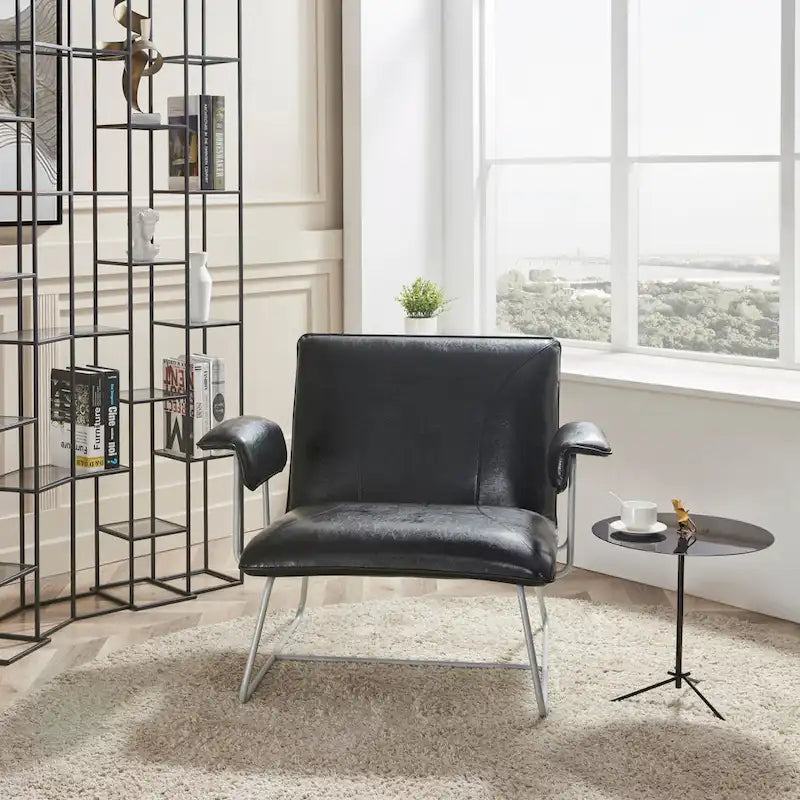 PU Leather Lounge Accent Arm Chair with Metal Frame, Black and Brown