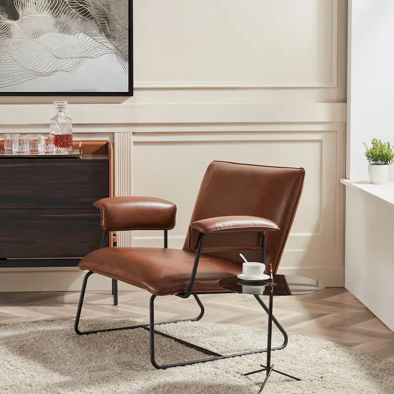 PU Leather Lounge Accent Arm Chair with Metal Frame, Black and Brown